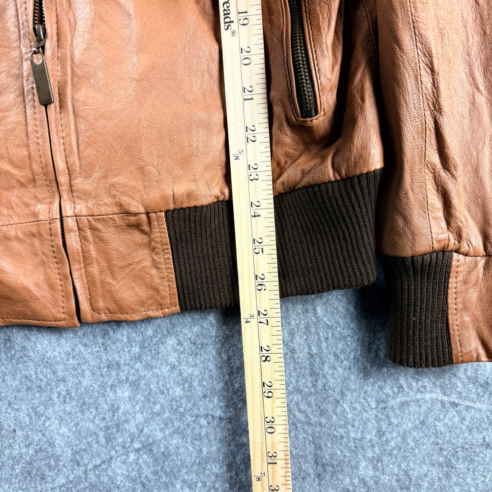 Mario Hernandez Leather Bomber Jacket Tan Brown Mens SZ 40 Zip Front Ribbed Trim - Picture 6 of 16